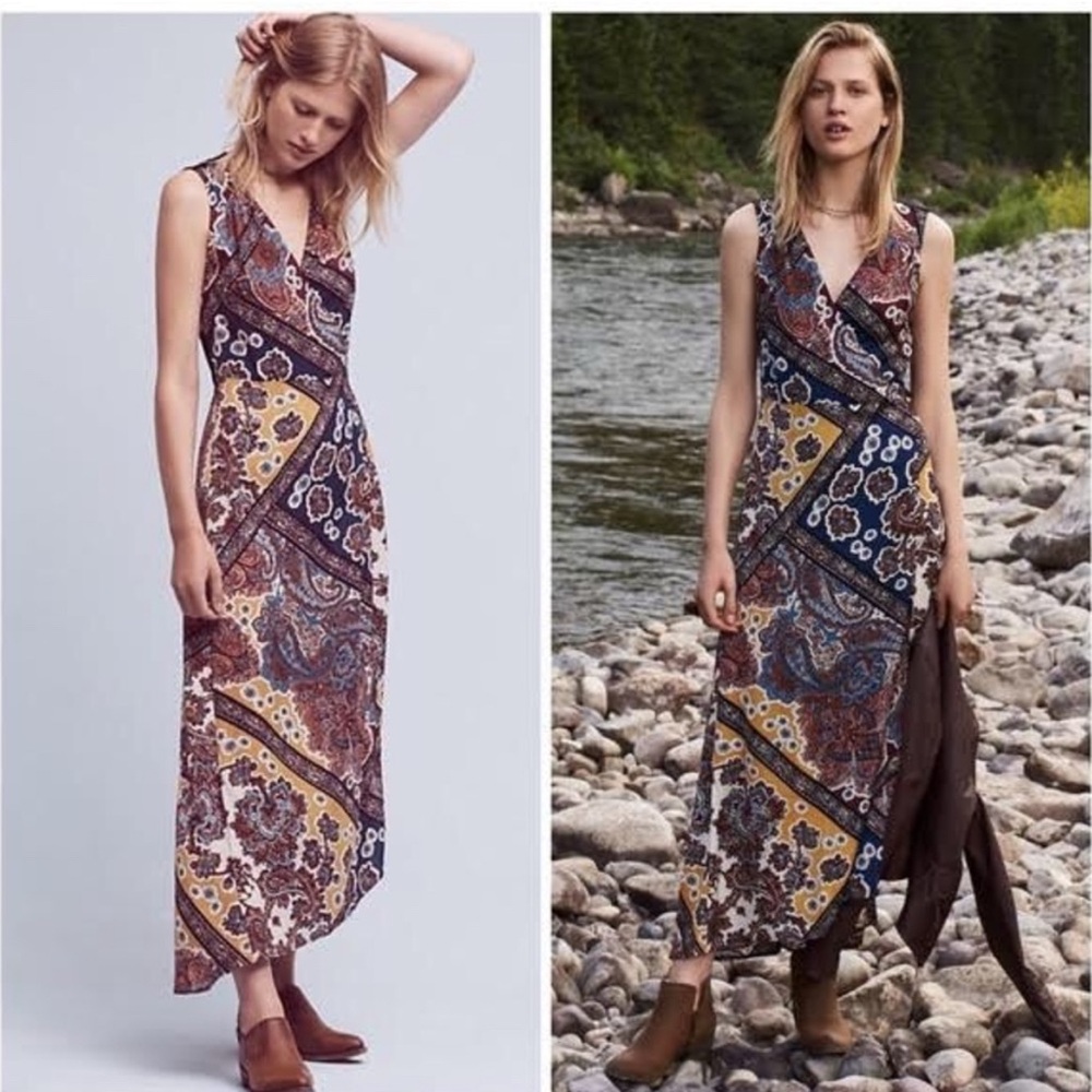 Anthropologie Sleeveless Paisley Maxi Dress in Navy, Mustard, Burgundy